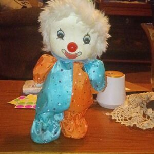 Plush Clown Figurine Doll, Fabric, White Blue Orange, Star Pattern, Kids